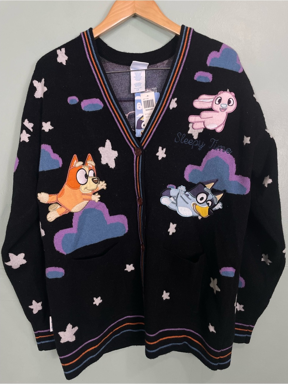 Bluey Sleepy Time Cardigan Sweater Box Lunch Button Closure Black Multi Large